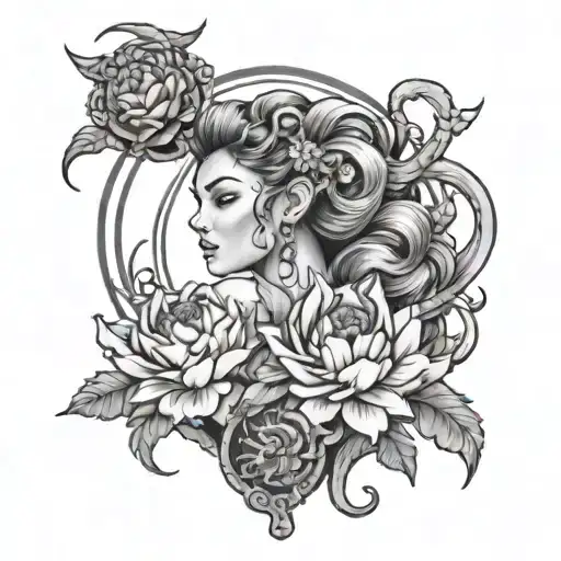 A tattoo design of a majestic goddess with scorpion on shoulder and peonies in hair along with scorpio starsign symbol tattoo design idea