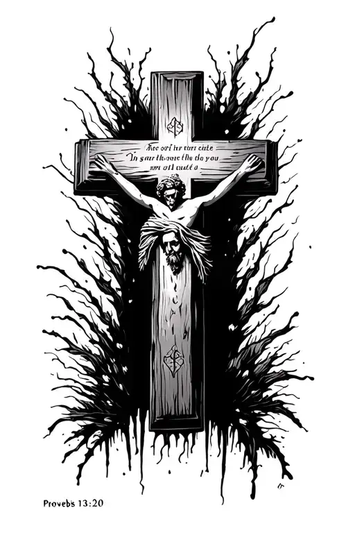 rugged cross with a bible verse proverbs 13:20 tattoo design idea