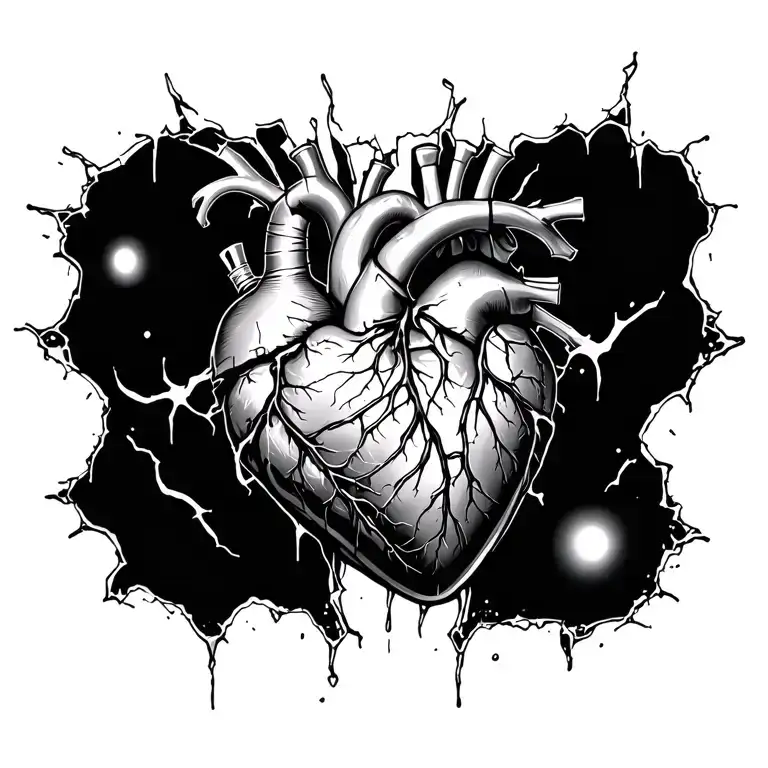 torn skin with biomechanical heart made tattoo design idea