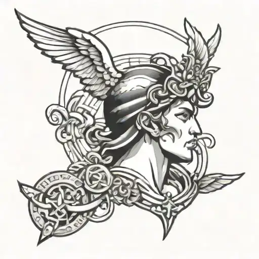 Hermes god black and white drawing tattoo design idea