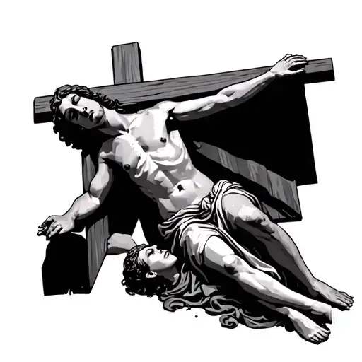 jesus on the cross and his mother mary looking down at her son and crying while jesus on the ground on the crosss tattoo design idea