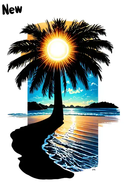 gorgeous bright sun shining over a beach, with the word "new" written small in the top left corner.  tattoo design idea
