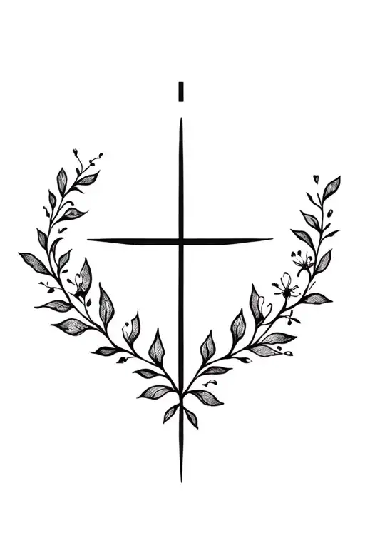 floral, religious cross, vines tattoo design idea
