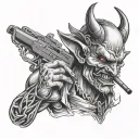 devil smoking blunt with ak 47 tattoo design idea