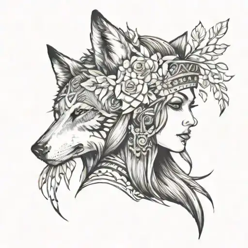 Tattoo Design for Quarter Sleeve on Right Shoulder/Bicep...approximate size W7.5" x H8"....girl with wolf headress tattoo design idea