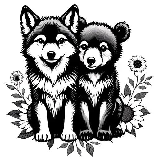 baby wolf and baby bear sitting with sunflowers and roses  tattoo design idea