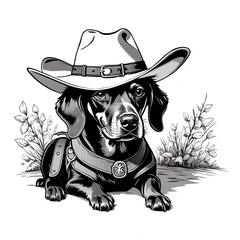 black weiner dog with cowboy hat and saddle adorned tattoo design idea