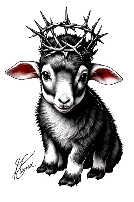 A Detailed Blackwork Tattoo Of A Baby Lamb Wearing A Crown Of Thorns Tattoo tattoo design idea