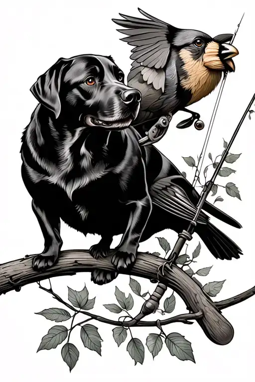 fishing, black lab dog , and a cardinal outoors tattoo design idea