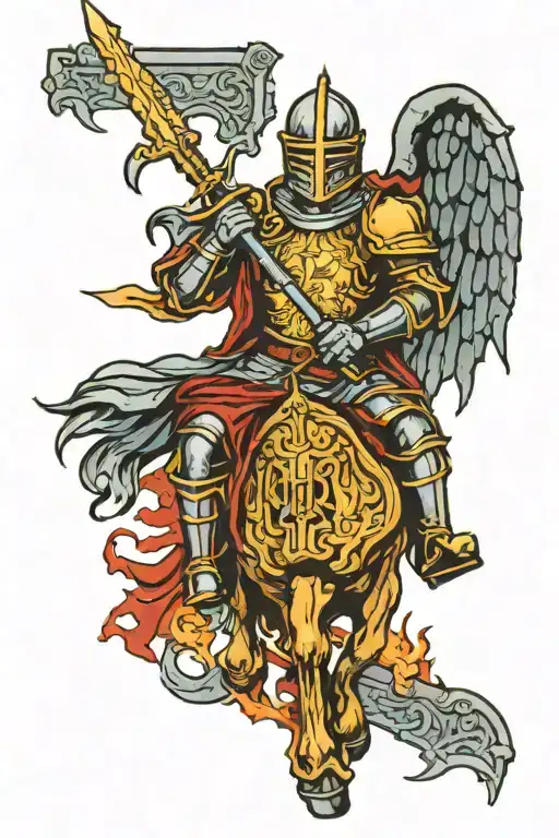 A knight with a broken halo at the gates of hell portrayed tattoo design idea
