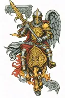 A knight with a broken halo at the gates of hell portrayed tattoo design idea