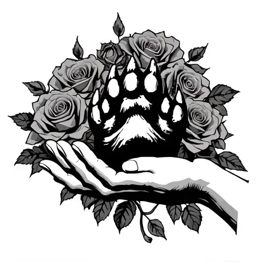 dog paw in human hand surrounded by roses tattoo design idea