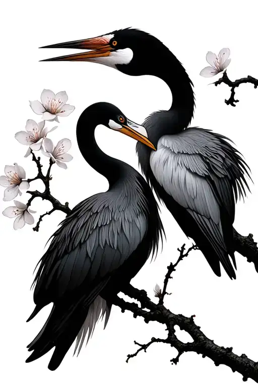 two Crane Japanese cherry blossom tattoo design idea