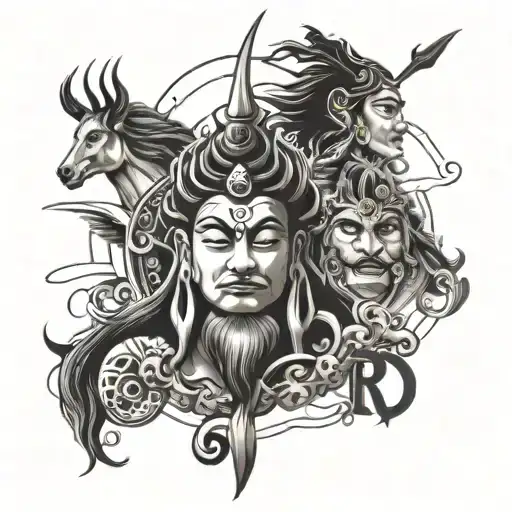 Create a unique tattoo design that combines the letters 'R' and 'S' with MAA and papa and mountain and lord shiva tattoo design idea