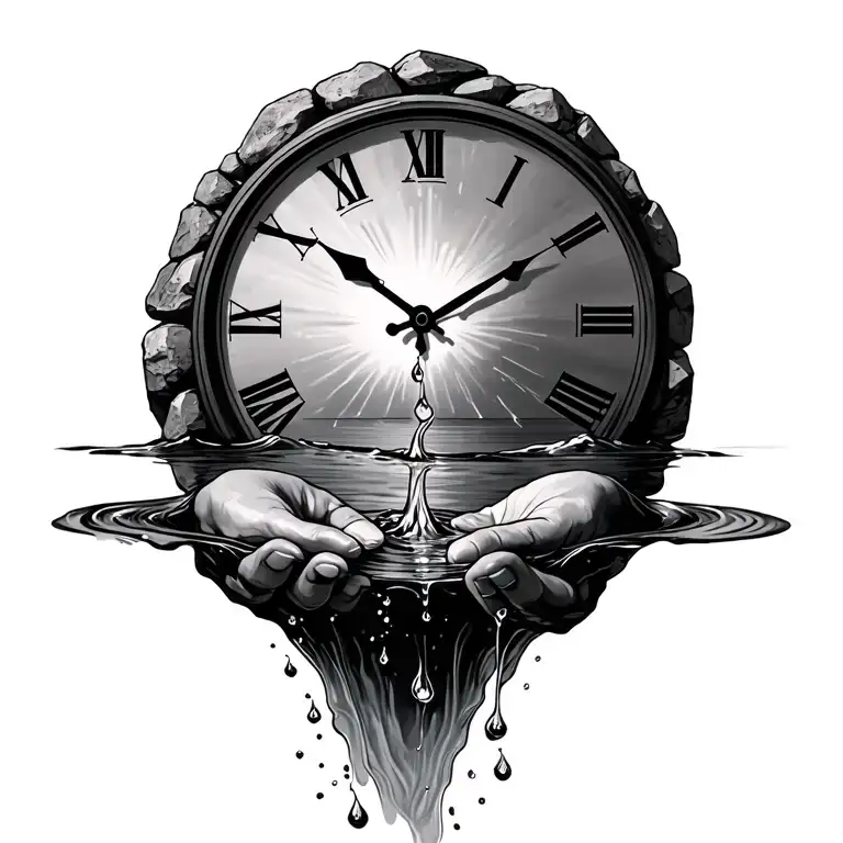 stone clock on 8:26, body of water bottom half, water overflowing into baptismal hands catching the water underneath  tattoo design idea