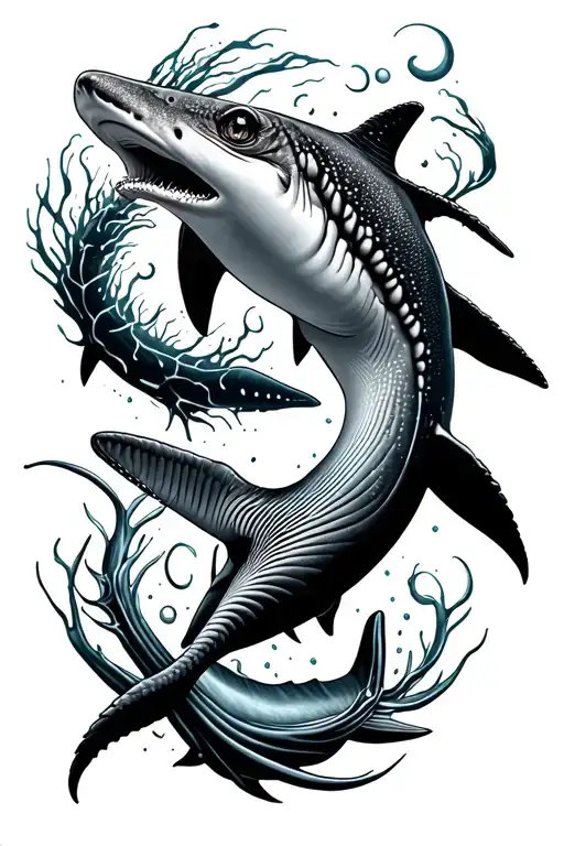patch work style tattoo of different sea animals black and white realism design use a whale shark, hamme tattoo design idea