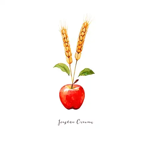 Red apple with wheat stalks tattoo design idea