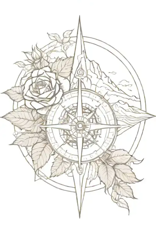 roses compass mountain range tattoo design idea