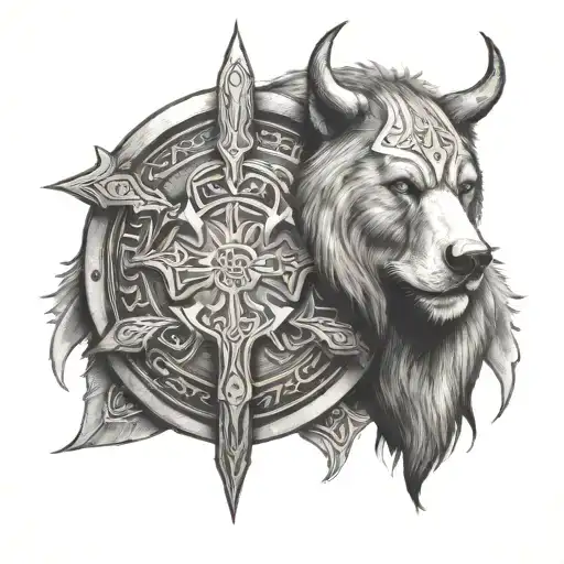 viking shield and bear  tattoo design idea