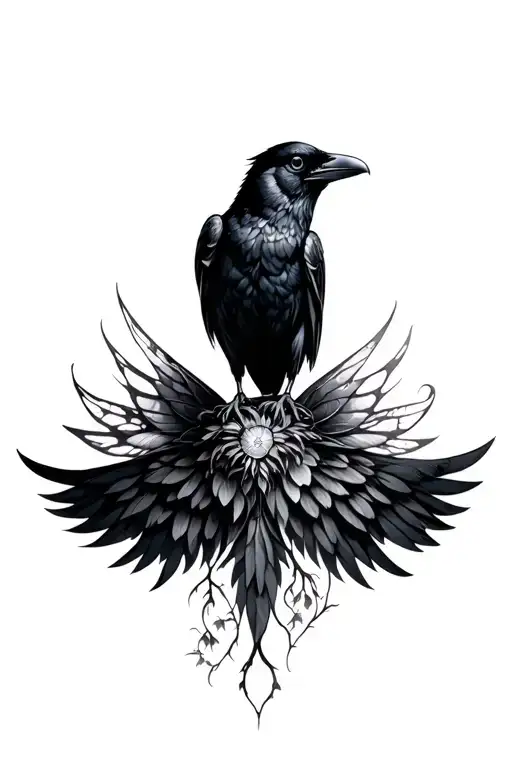 1 black crow earthy feminine fairy wings in tree tattoo design idea
