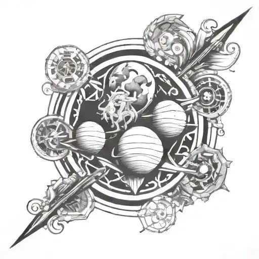 A tattoo design combining the symbol of Aries with the planet Mars, representing ambition and drive, intertwined with the symbol of Saturn, symbolizing hard work and justice. tattoo design idea