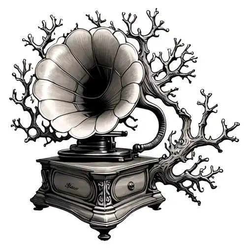 Highly detailed vintage gramophone with coral branches growing out of the horn, fine line black and grey tattoo style, e tattoo design idea