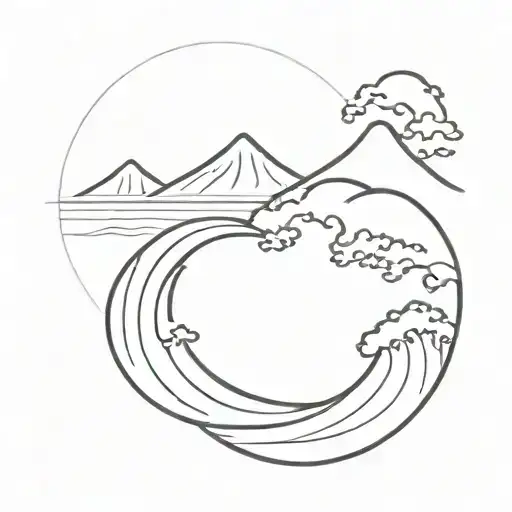 Japanese great wave and Mount Fuji background fine line tattoo design idea