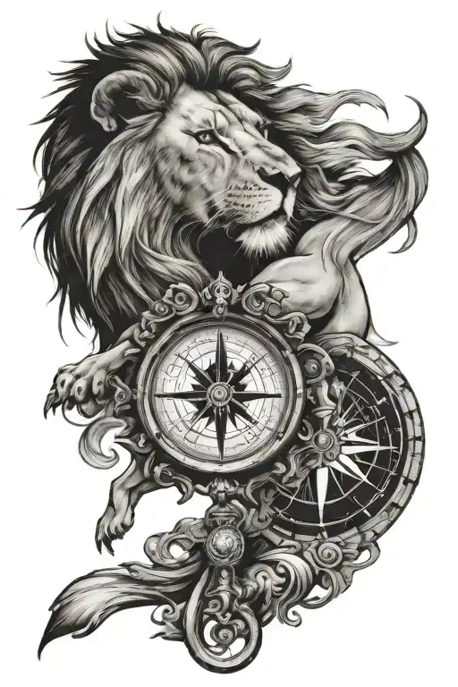 lion and compass with halligan  tattoo design idea