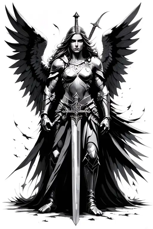 warrior angel with armour and a sword. on one side of the angel there is chaos, the other side has order  tattoo design idea