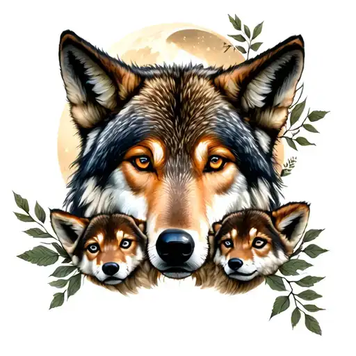 mother wolf and two cubs tattoo with moon and leaves  tattoo design idea
