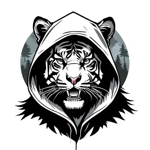 Tiger Warrior in a hood, against the background of the moon and forests, with a skull tattoo design idea
