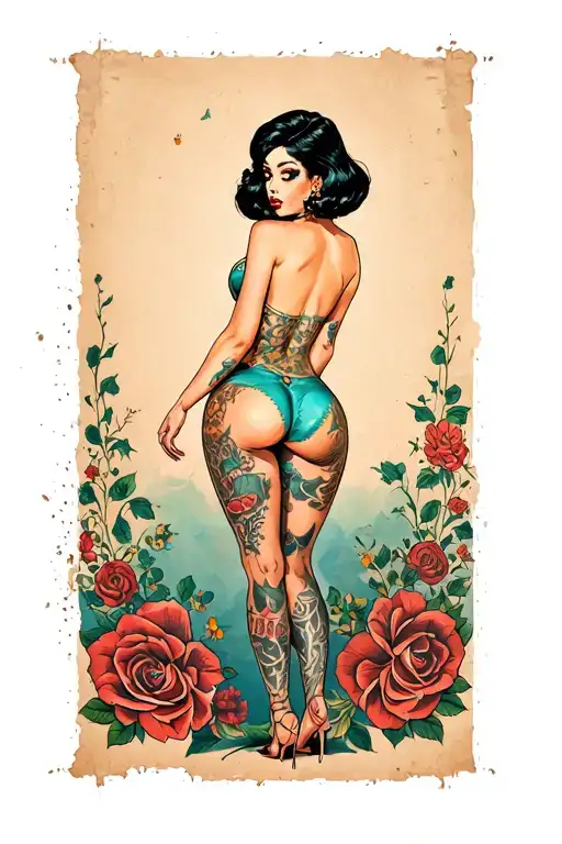 pin up standing nice butt black hair tattooed tattoo design idea