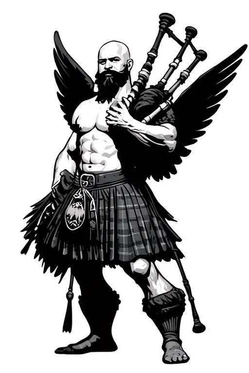 shirtless bagpiper big black wings on back muscular playing the bagpipes bald with  black beard  tattoo design idea