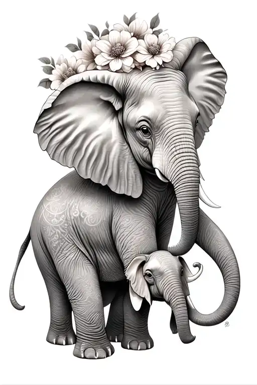 mama elephant we with baby elephant with flowers on thigh tattoo design idea