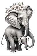 mama elephant we with baby elephant with flowers on thigh tattoo design idea