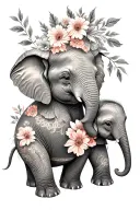 mama elephant we with baby elephant with flowers on thigh tattoo design idea