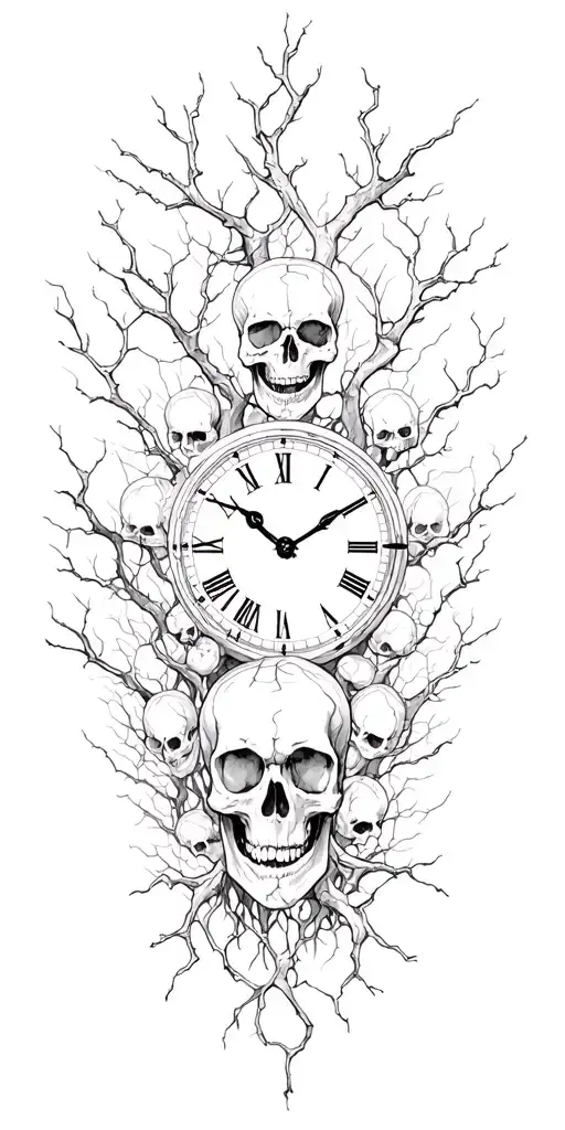 poison tree, clock embedded, multiple cracked skulls tattoo design idea