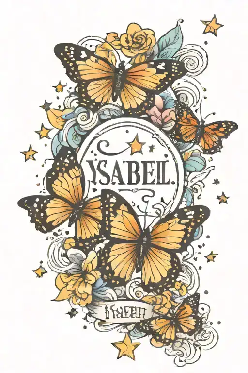 Tattoo of the name Ysabel with butterflies and stars around it tattoo design idea