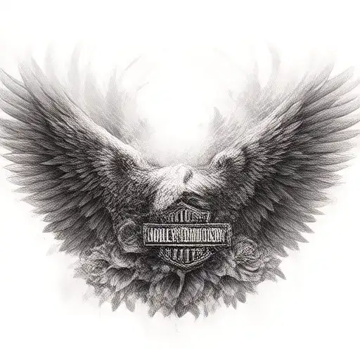 Harley Davidson emblem, eagle wings, roses tattoo design idea
