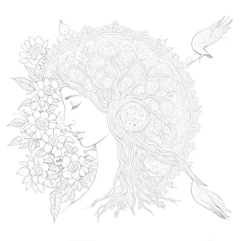 Celestial, Tree of life, Woman, fine line, moon, ocean, peace mandala, dot work, native new zealand birds, flowers tattoo design idea