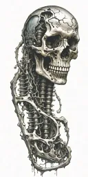 bio - mechanical iron bones, skin tears, colored tattoo design idea