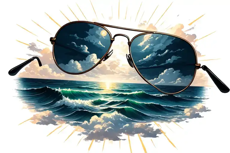  aviator sunglasses where the reflection is heaven (clouds, ocean, rays of light) tattoo design idea