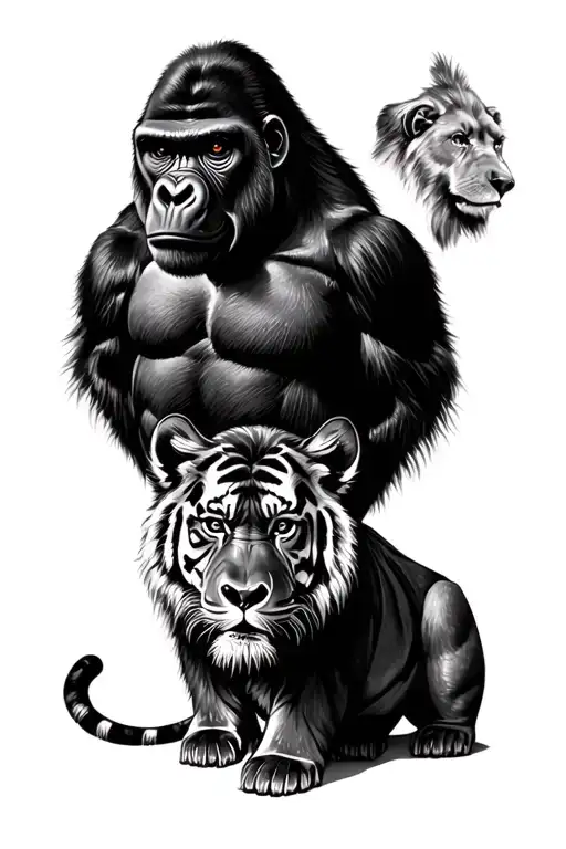 a gorilla, a tiger, a lion, a dog tattoo design idea