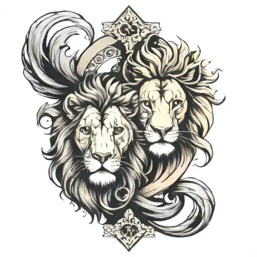 Male and Female Lion intertwined with cross between holes in tail  tattoo design idea