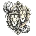 Male and Female Lion intertwined with cross between holes in tail  tattoo design idea