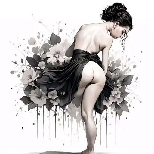 woman standing, arms slightly back behind her very delicately and elegantly, on her toes bending gently and very slightl tattoo design idea