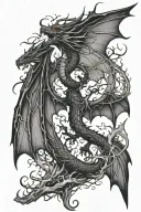 Black Western Dragon Wing Spread Wings, Overlaying the Tree of Life, Lightning surroundings tattoo design idea