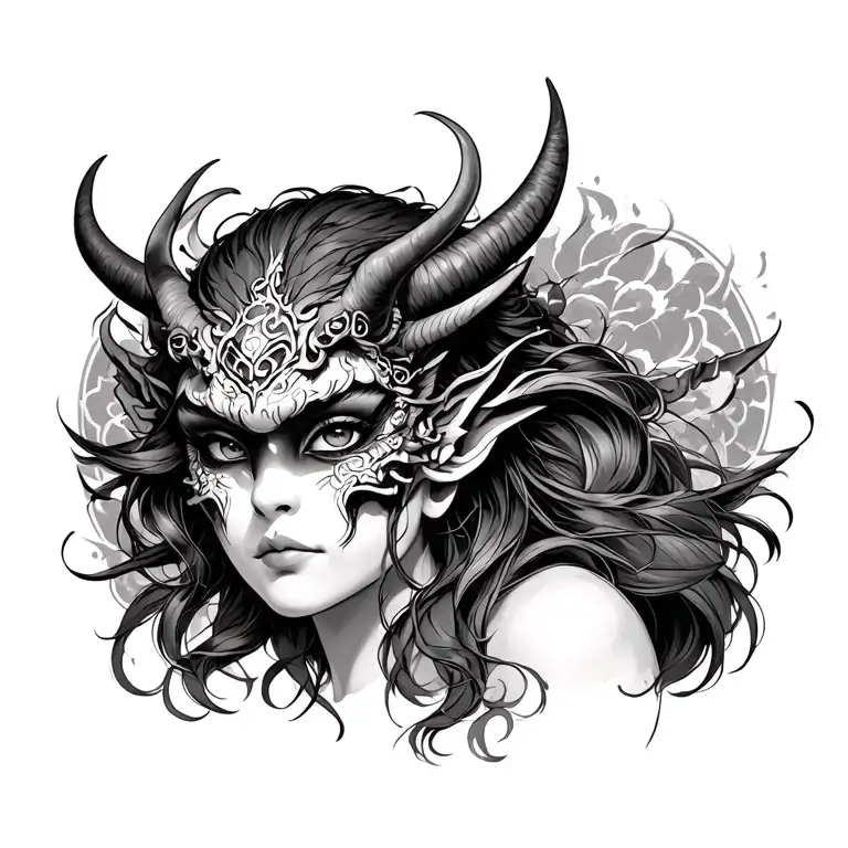 Oni Demon Mask girl tattoo design idea
