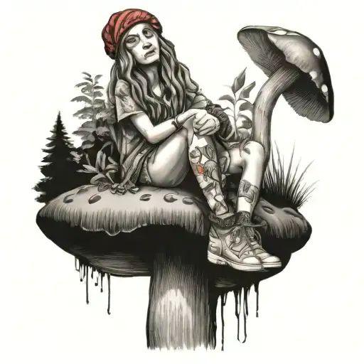 hippie girl sitting on top of mushroom growing tattoo design idea