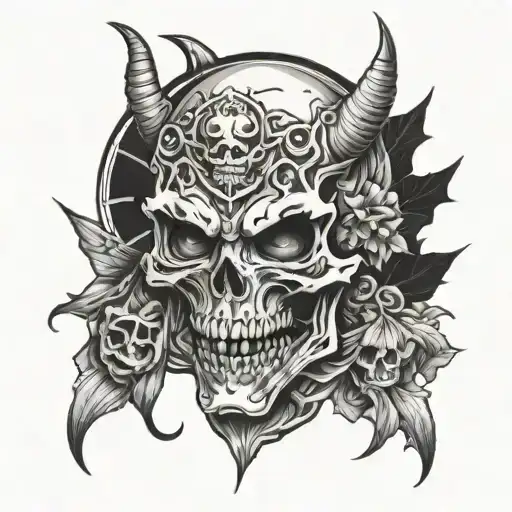 skull in oni mask split in half moon tattoo design idea
